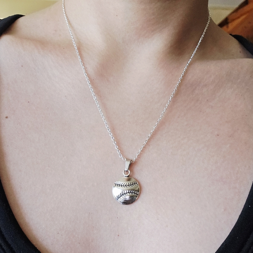 New Classic Silver Dainty Baseball Softball Necklace - Picture 4 of 5